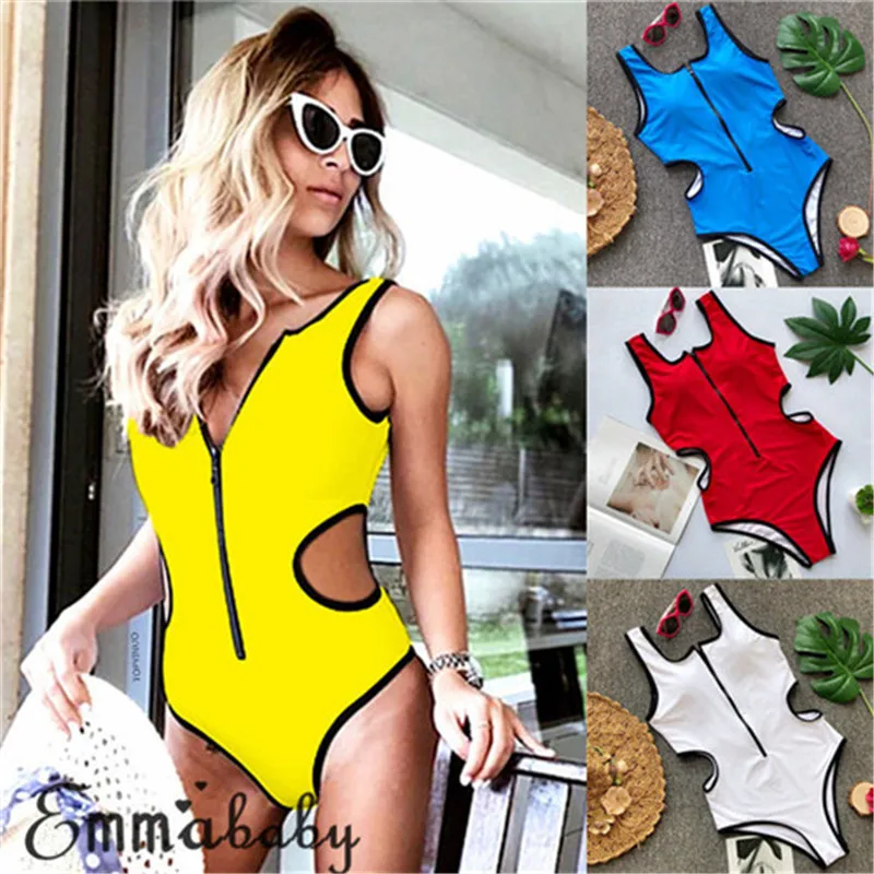 

Sexy Women One Piece Swimsuit Monokini Brazilian Pure Color Bathing Suit Zipper Swimwear Beach Push-up Bikini Padded Beachwear