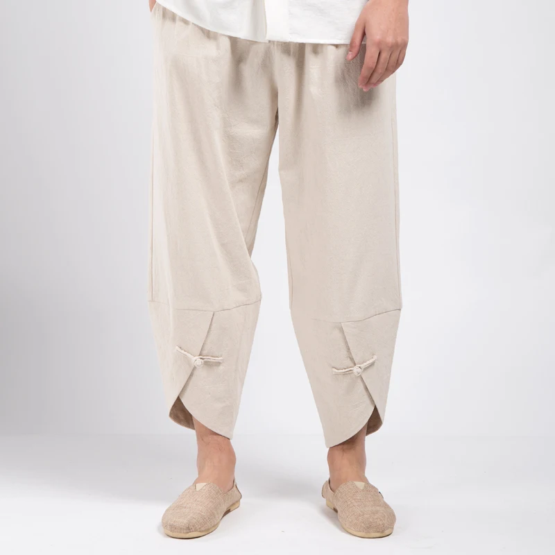 MIXCUBIC 2018 summer washing cool linen Wide leg pants men casual loose Plate buckle for trousers size M-4XL | Мужская одежда