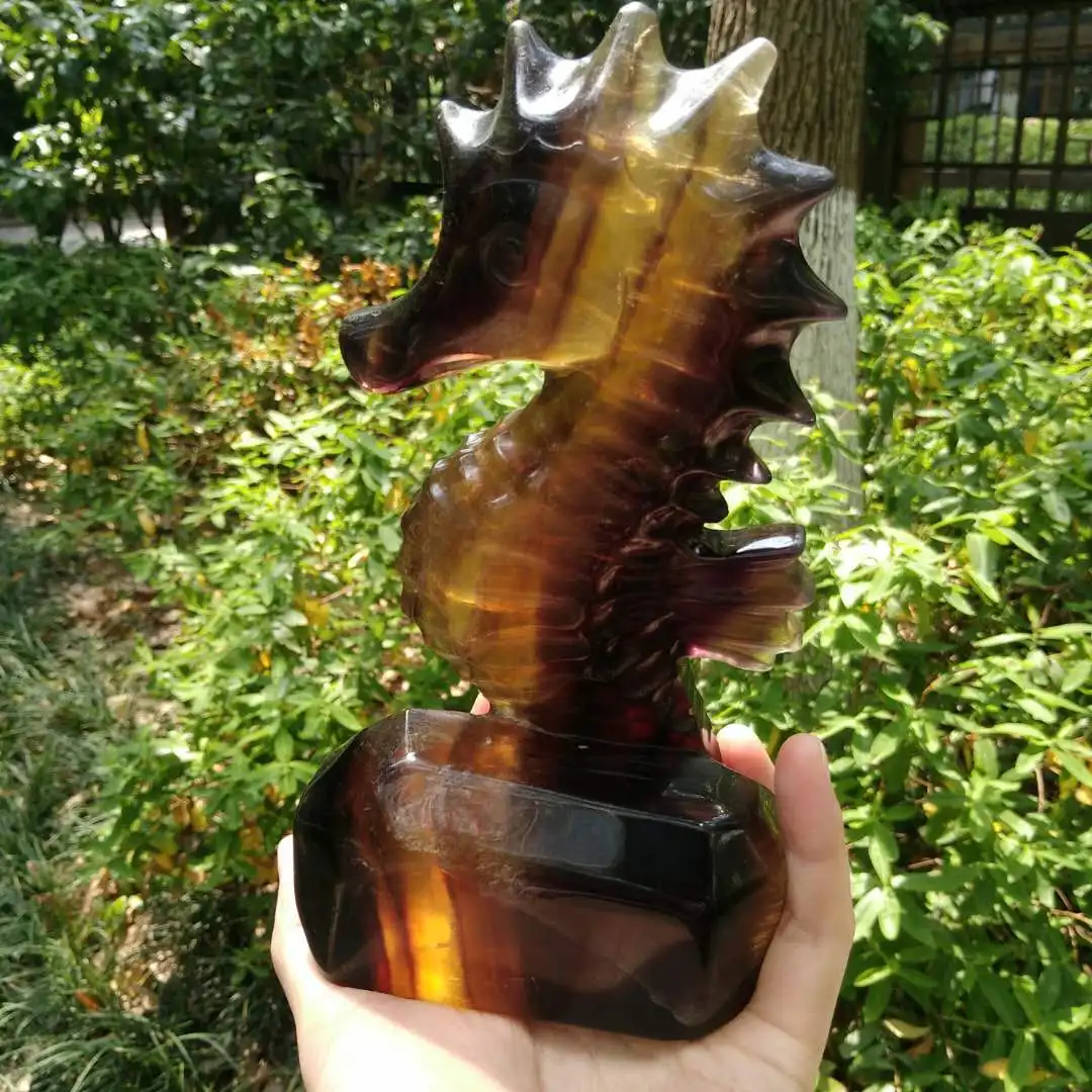 Флюорит ручная резьба морской лошадь драгоценный камень резная мощность