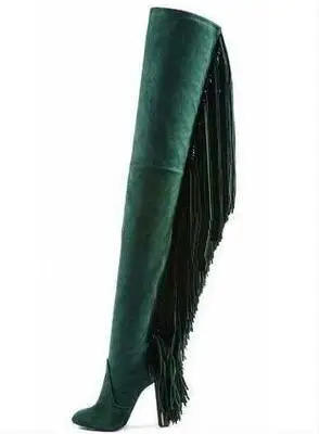 Fashion Orange Suede Leather Women Over The Knee Boots Sexy Fringe Back Ladies Chunky Heel Point Toe Female Knight | Обувь