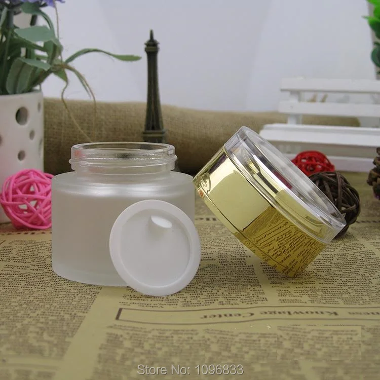 

50ML 50G Frost Glass Jars with Bright Gold Color Cap, Empty Cosmetic Cream Jar, Glass Packing Container Bottles, 15pcs/Lot