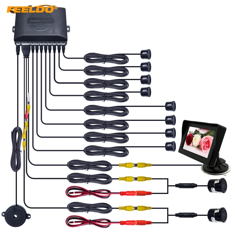 

FEELDO Car 4.3" Windshield Monitor 8-Sensor Parking Sensor 2x 18.5mm CCD Camera Dual Rearview Video Parking System #HQ2000