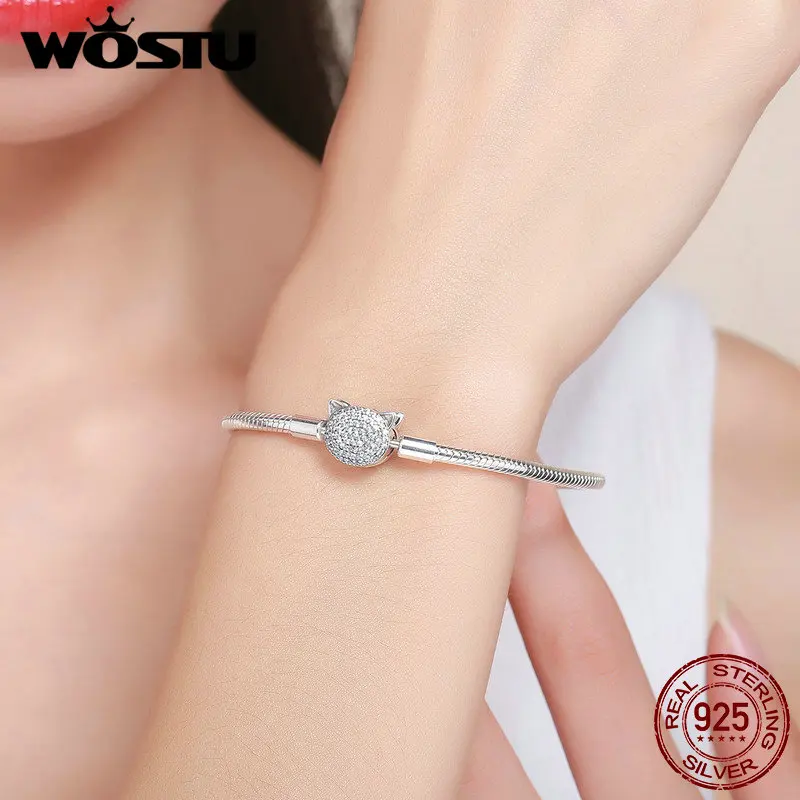 WOSTU, Настоящее серебро 925 пробы, милый кот, сверкающий CZ, змея, цепочка, браслеты для женщин, Стерлинговое Серебро, ювелирное изделие