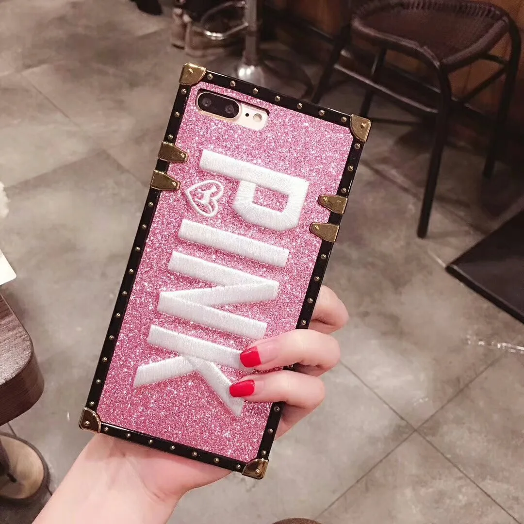 Luxury Embroidery 3D PINK Soft Case for iphone 6 6s 7 8 7Plus Glitter Metal Square Phone cover Cases iPhone X XR XS MAX Plus |
