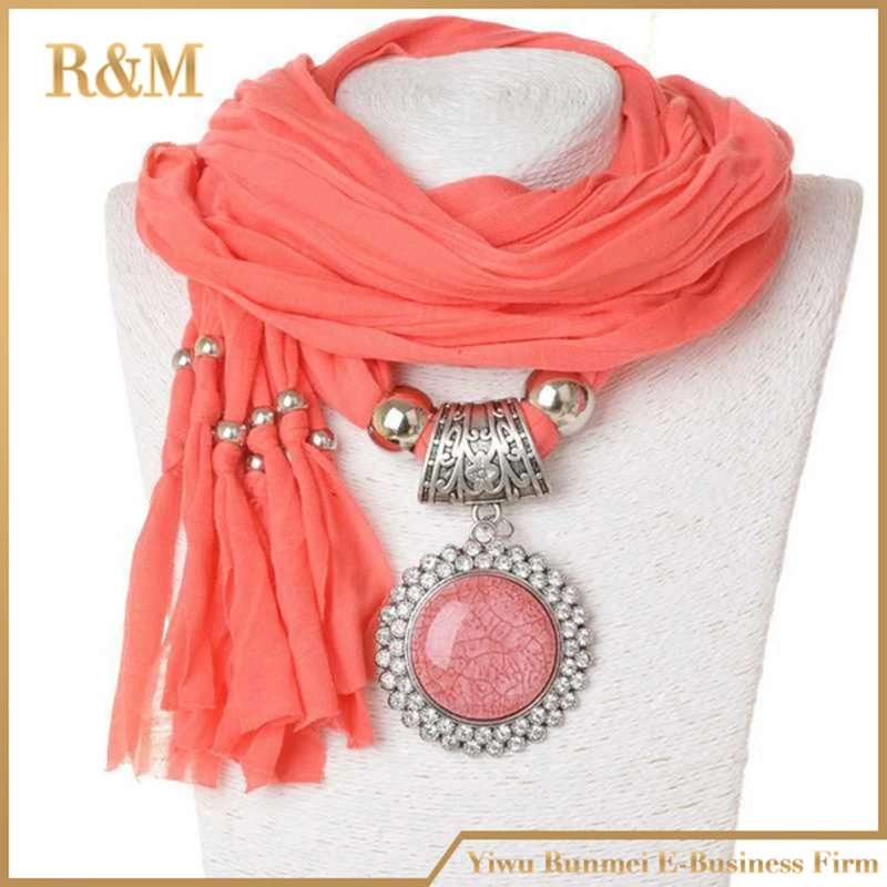 Long scarves pendant necklace women Oval shaped charm with big glass stones 5 color available round precious stone scarf |
