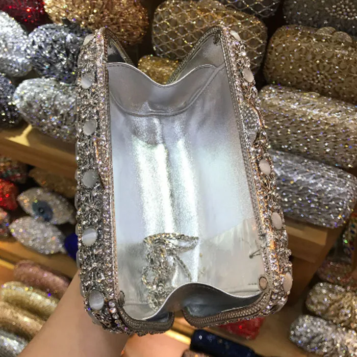 

Silver Crystal Women golden Evening Purse Metal Minaudiere Handbag Bridal Clutch wallets Wedding Party Diamond shoulder Bag
