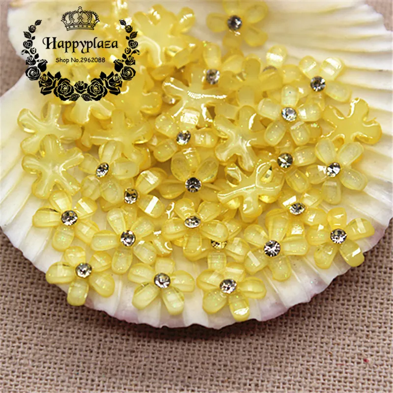 100pcs 10mm Glitter Rhinestone Resin Five-Petal Little Flowers Resin Flatback Cabochon DIY Jewelry/Phone Decoration