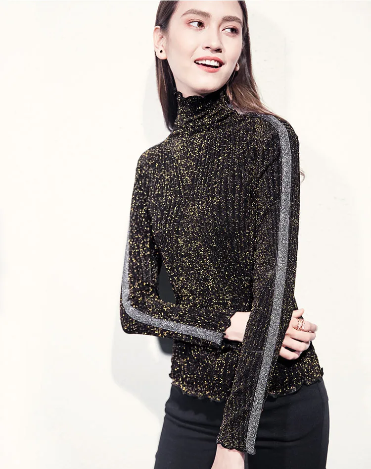 

YuooMuoo Spring Shiny Sexy Basic Tops Autumn High Neck Elegant Long Sleeve Shirt Women Turtleneck Club Party T-shirt