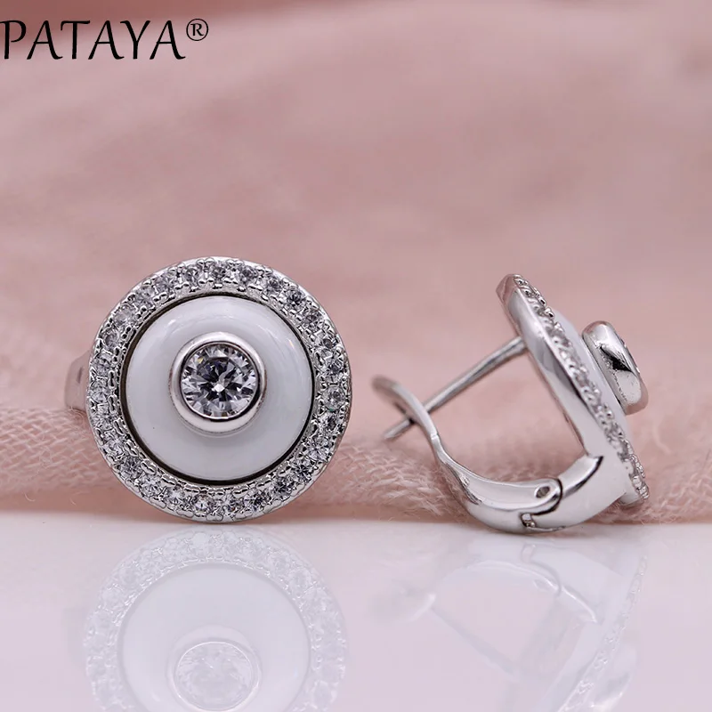 PATAYA новые черные белые керамические круглые серьги 585 розовое золото натуральный циркон Висячие серьги для женщин Свадебные уникальные ювелирные изделия - Окраска металла: white gold white