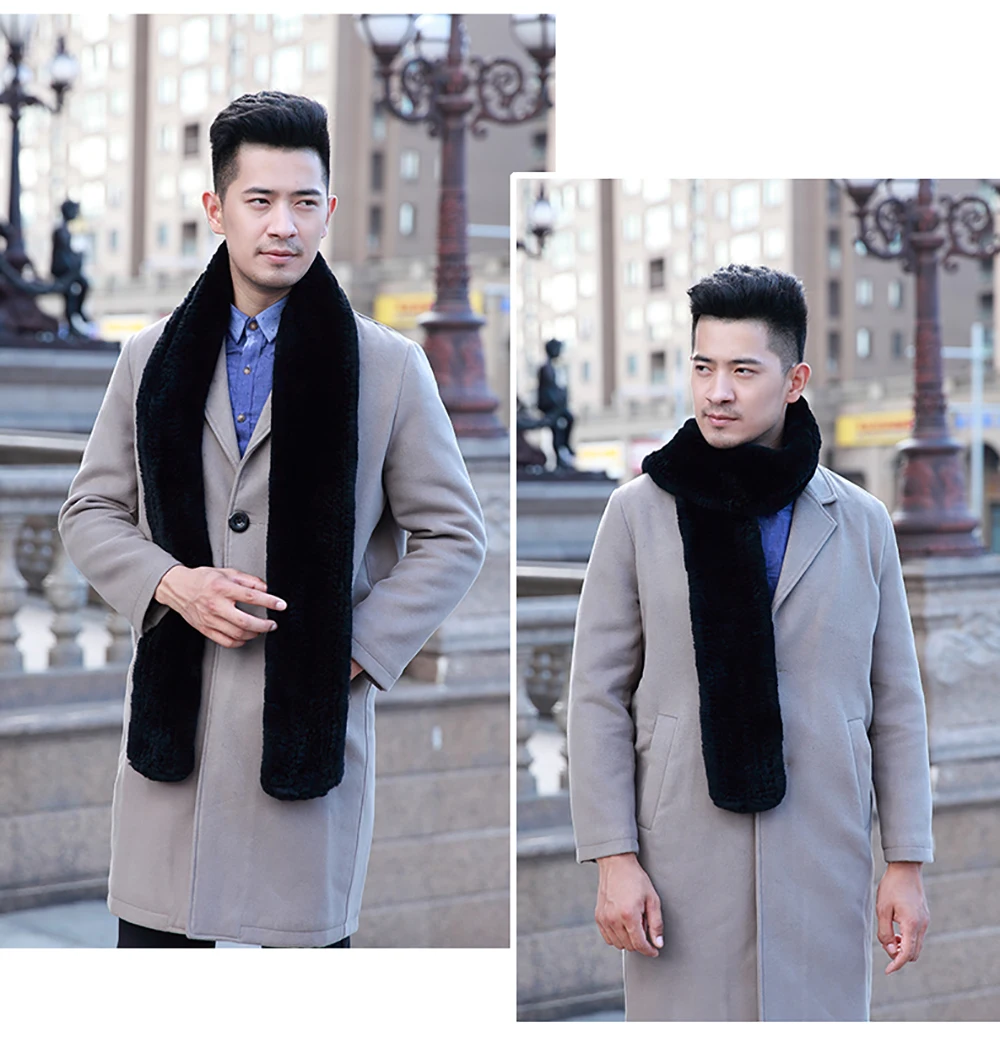 

YCFUR Winter Wrap Scarf Men Knit Rex Rabbit Fur Scarves Male Neck Warmer Long Scarf for Men Dad Scarf
