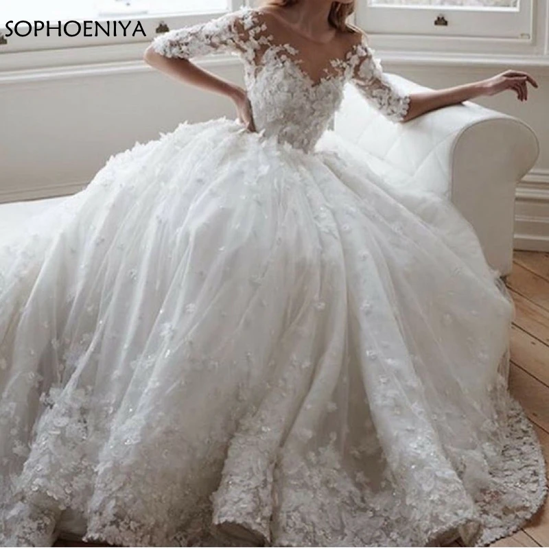 Новое поступление, бальное платье с круглым вырезом, свадебные платья, Robe de mariee, 3D Цветочная аппликация, платье невесты, сексуальное свадебное платье в стиле бохо