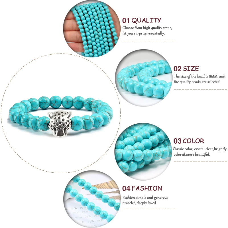 Fashion Natural Stone Beads Men Bracelets Luck Charm Blue Turquoises Sliver Leopard Handmade Beaded Bracelet for Couple Jewel | Украшения и