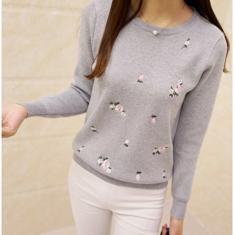 2021 Newest Style Womens Pullovers Beautiful Flowers Embroidery Long Sleeve Casual Women Cotton Sweater Solid Color Female Tops | Женская