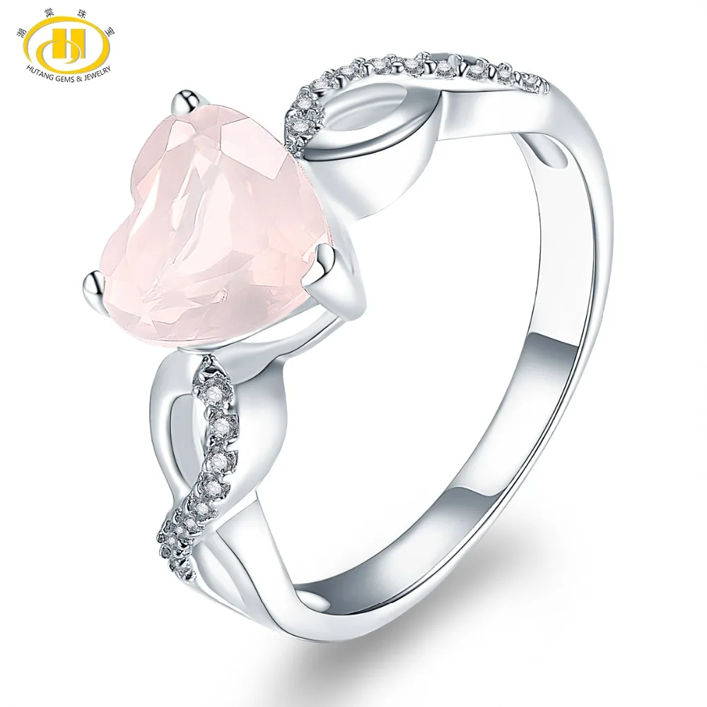 

Hutang Women's Ring Natural Rose Quartz Solid 925 Sterling Silver Heart Rings Fine Pink Gemstone Elegant Jewelry Infinite Love