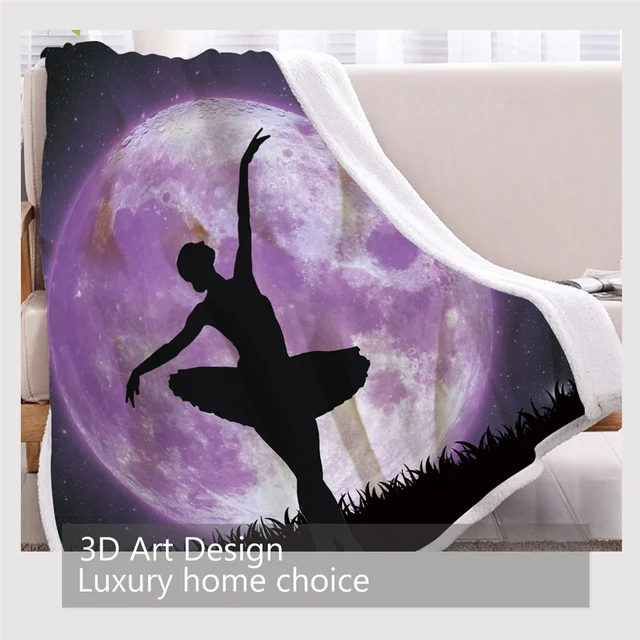 BlessLiving Ballet Bed Blankets Giant Purple Moon Throw Blanket Dancing Girl Plush Bedspread Galaxy Night Sky Elegant Bedding 3