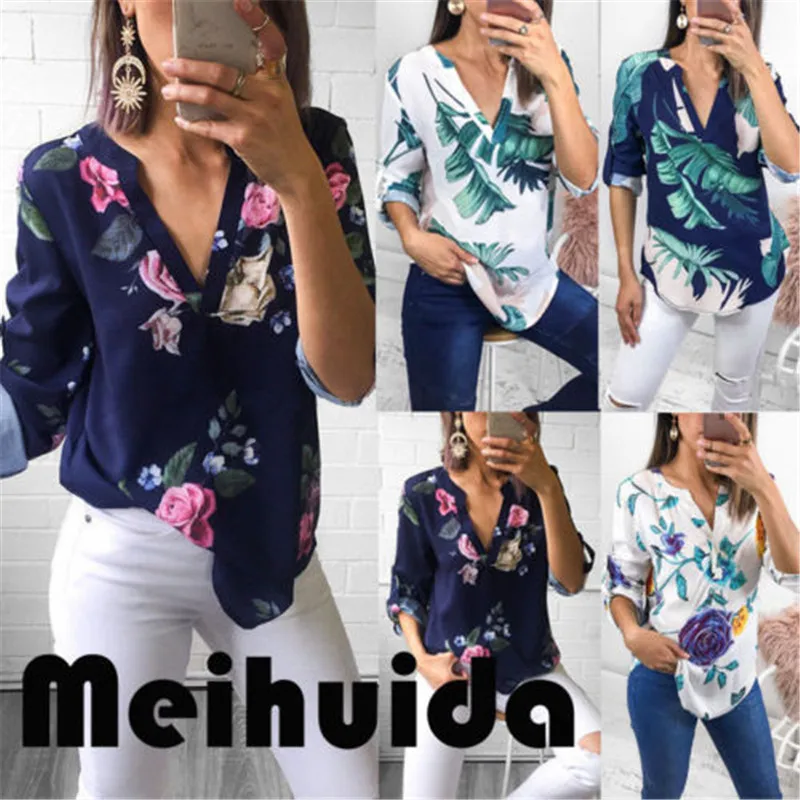 Модные женские рубашки с рукавом три четверти V образным вырезом и цветочным