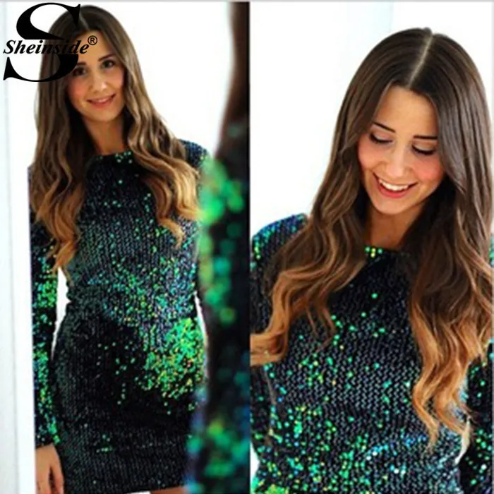 Sheinside USA Free Shipping 2015 Green Long Sleeve Sequined Bodycon Dress | Женская одежда