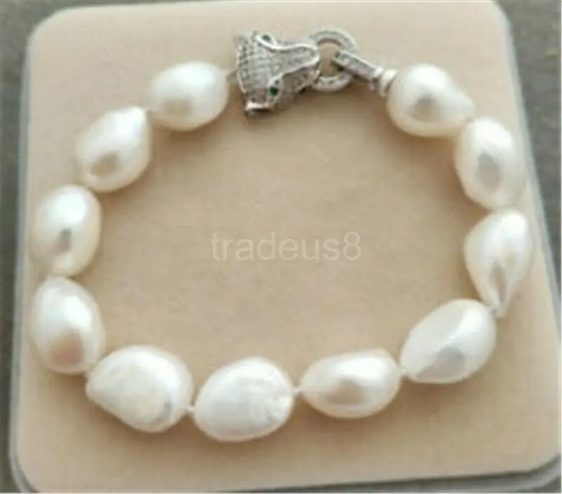 

12-14mm White Baroque Freshwater Pearl Bracelet Leopard Clasp 8" Free shipping