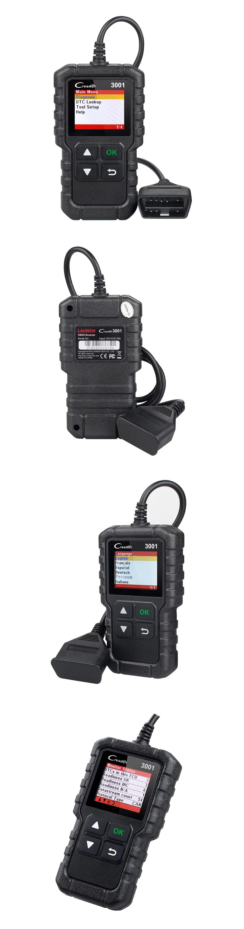 Launch CR3001 полный OBDII/EOBD функция диагностический инструмент Многоязычный сканер elm 327 OBD2 OBD как AL519/AL319/OM123/AD310/ELM327