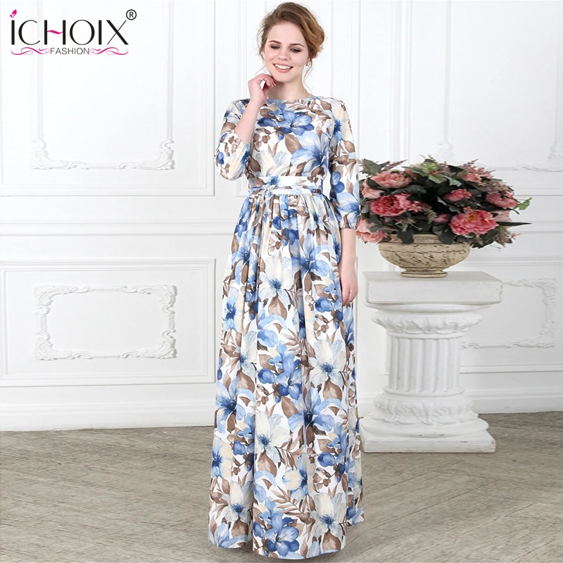 Женское длинное платье трапеция ICHOIX элегантное винтажное макси в пол с цветочным