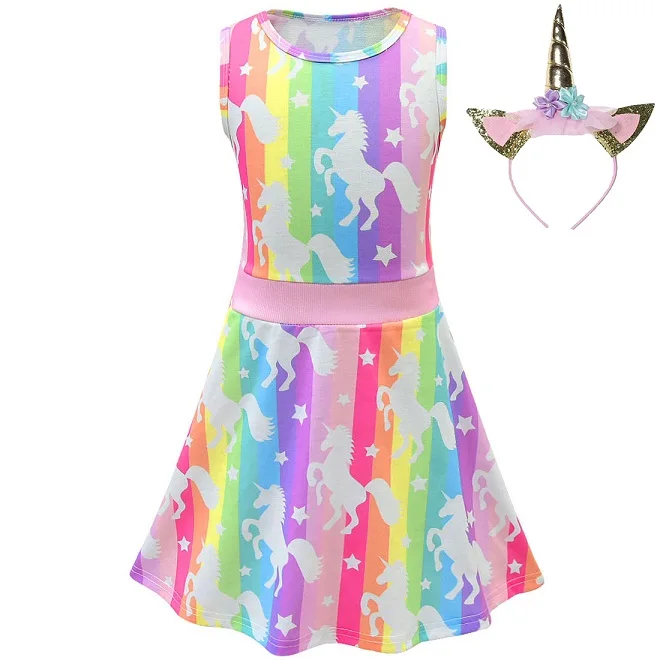 colorful headband Летнее Радужное платье с цветочным рисунком для девочек, праздничное платье принцессы с единорогом, нарядное детское платье без рукавов с оборками на день рождения - Цвет: colorful headband
