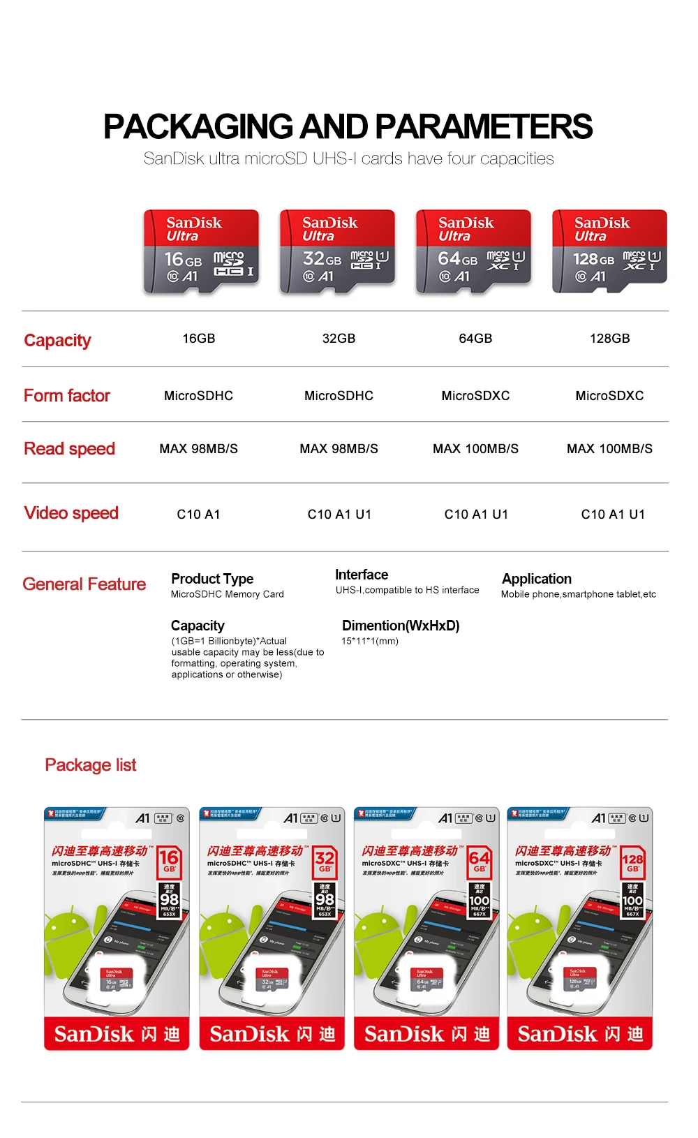 Двойной флеш-накопитель SanDisk карты памяти 16 Гб оперативной памяти, 32 Гб встроенной памяти MicroSD 64 Гб 128 ГБ 200 ГБ 256 Гб 400 гб до 98 МБ/с. скорость чтения Class10 micro SD карты