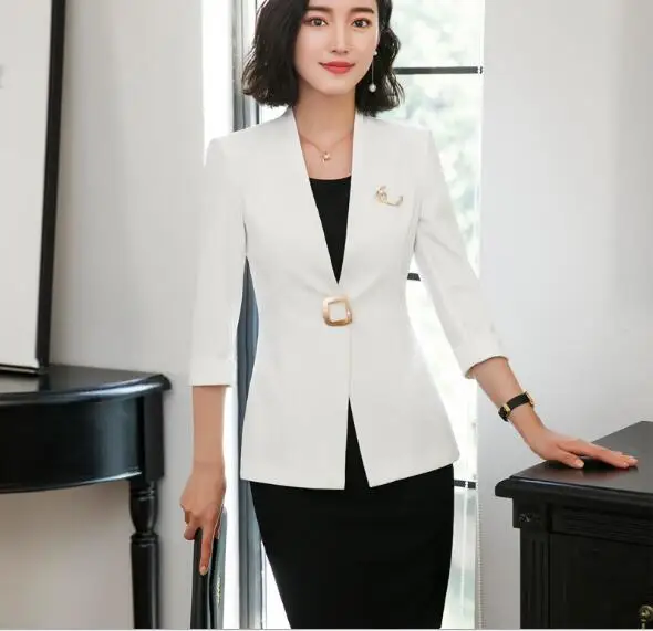blazer and dress Осеннее женское платье с юбкой элегантное платье с рукавом до локтя белый черный блейзер и юбка костюм Бизнес Рабочая одежда размера плюс - Цвет: blazer and dress