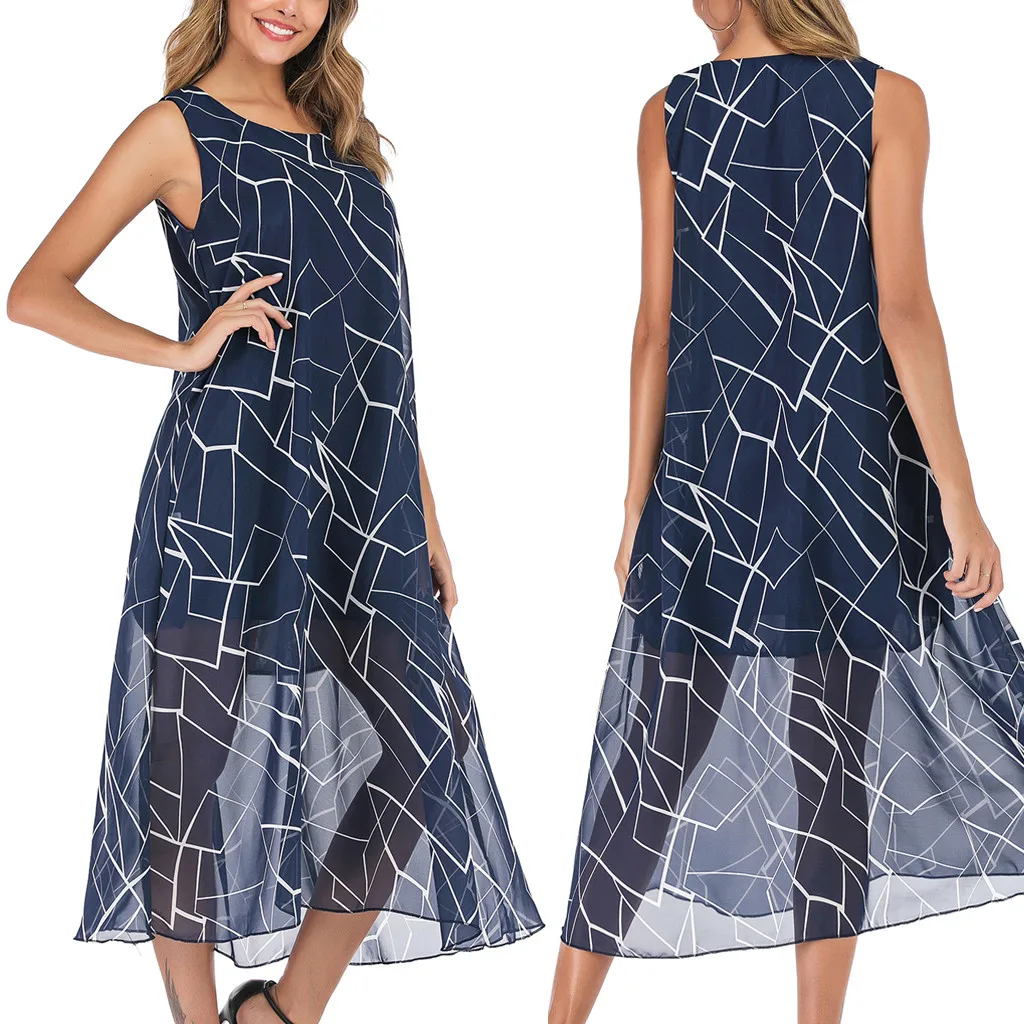 

New Hot Summer ladies casual beach wind chimia printed chiffon sleeveless long blue casual style nice dress robe femme 40*