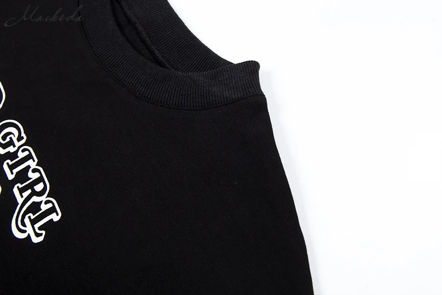 Macheda Women Letter Print Pullovers Streetwear Long Sleeve O Neck Sweatshirt Lady Black Knitted Loose Cropped Pullover New