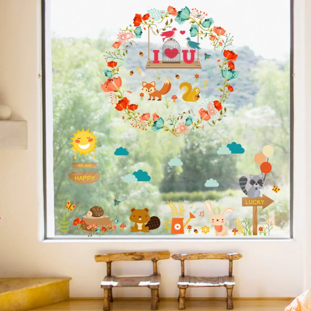 & Мы счастливые Мультяшные животные бабочка цветок наклейки на стену домашний