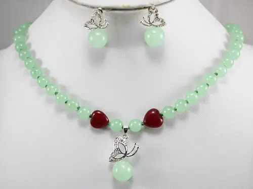 Hot sell -@&gt T668 RY56 shippingBeautiful jewelry green jade necklace butterfly pendant earrings set A22 Natural -Top qua | Украшения и