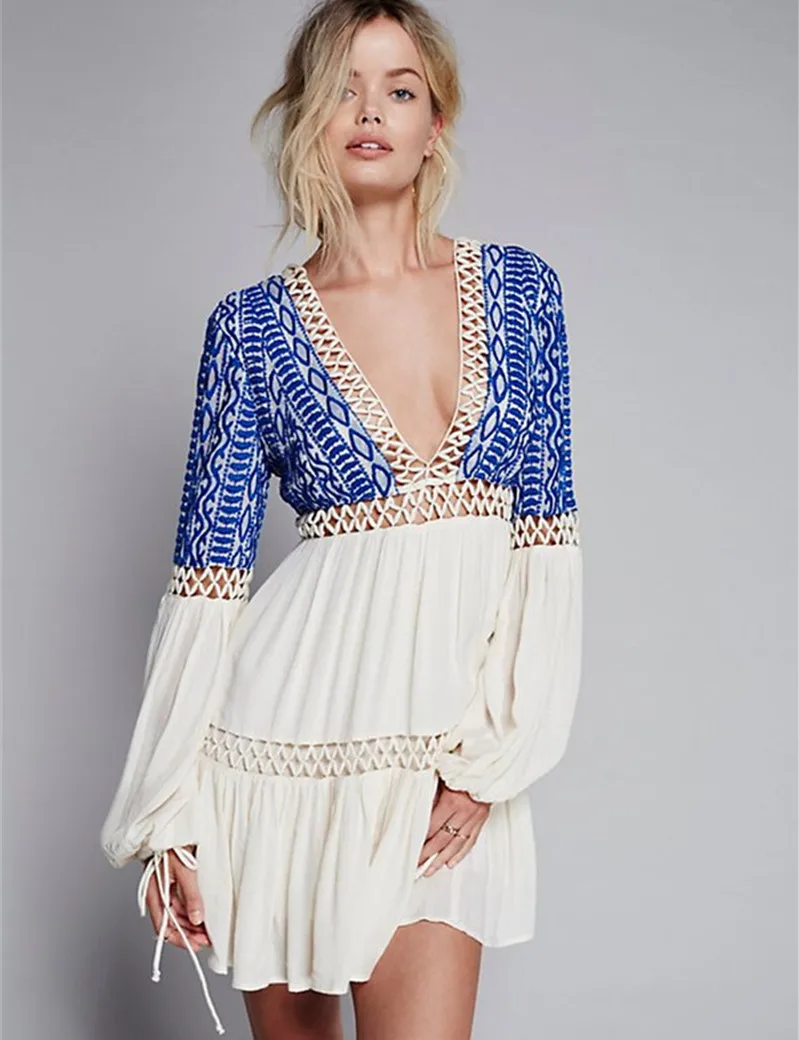 Boho Женщины Платья с V образным Вырезом Свободные Сексуальные С Длинным Рукавом