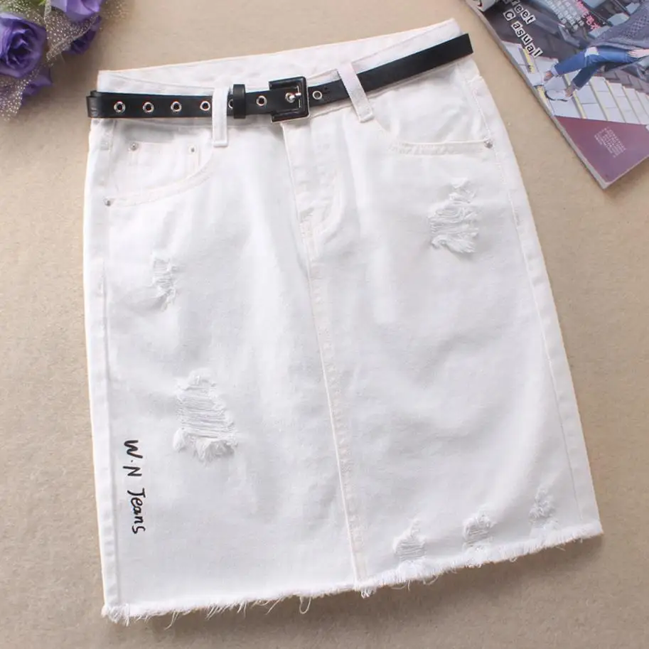 white Размера плюс 2XL! сезон: весна-лето белые джинсы Юбки женские отверстие прямые юбки хлопок Высокая талия по колено Джинсовые юбки - Цвет: white