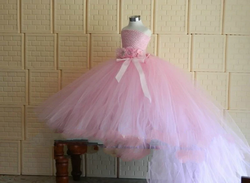 POSH DREAM Pink Flower Girls Wedding Dress with Long Train Belt Kids Birthday Party Tutu Dresses Clothes | Детская одежда и обувь