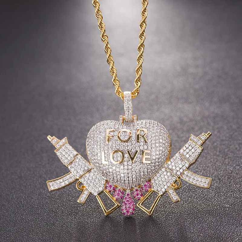 Хип хоп AAA CZ камни выложены Bling Ice Out Gold Forever Lover Heart AK 47 кулоны с оружием ожерелье для