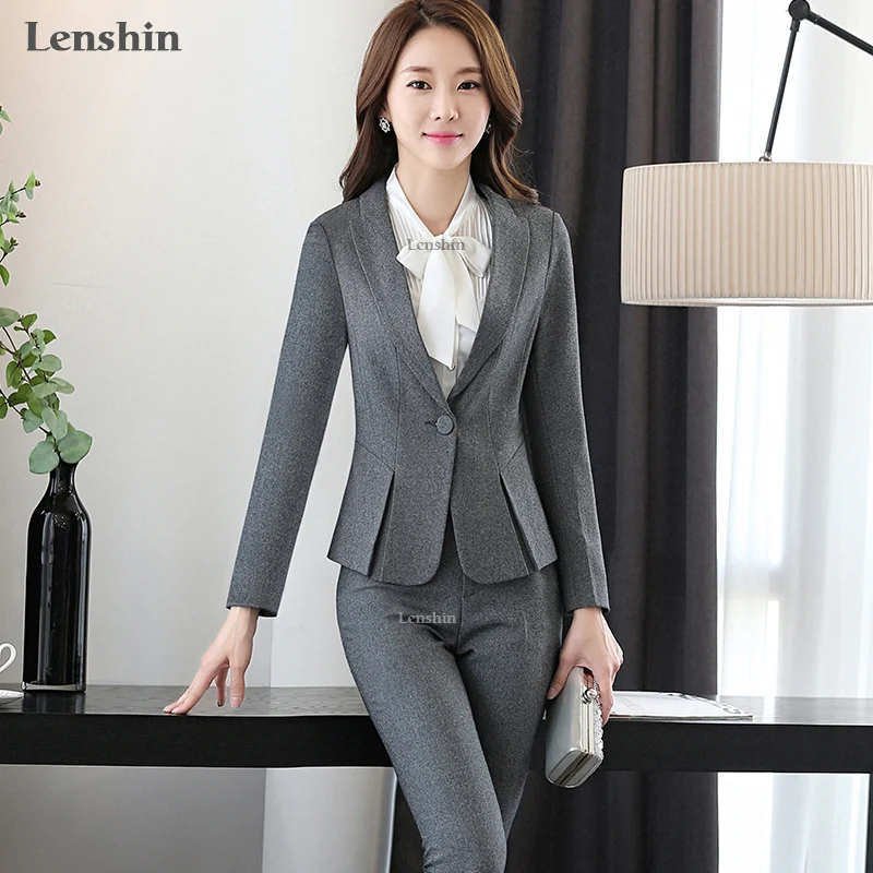 Женский деловой костюм двойка Lenshin серый брючный для офиса работы|designer pant suits|pant