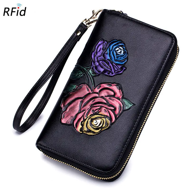 Purple Rose Фирменные кожаные женские кошельки с тиснением RFID на запястье, 36 отделений для карт, карман на молнии, портмоне, декорированное цветами, женский клатч для телефона - Цвет: Purple Rose