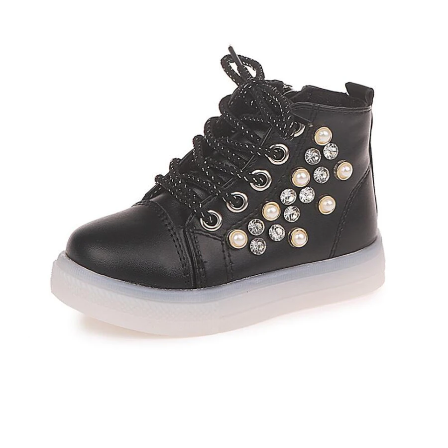 

2022 New Kids Girls Sneakers LED Kids Shoes Children beading fashion casual Shoes leather Little girls soft Glowing shoes Baby