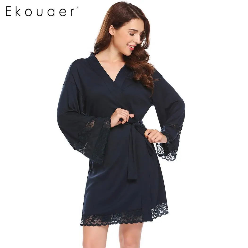 Ekouaer, женское кимоно, халаты, одежда для сна, длинный рукав, кружевная отделка, короткий спа-халат, халат для подружки невесты, женский халат, домашняя пижама