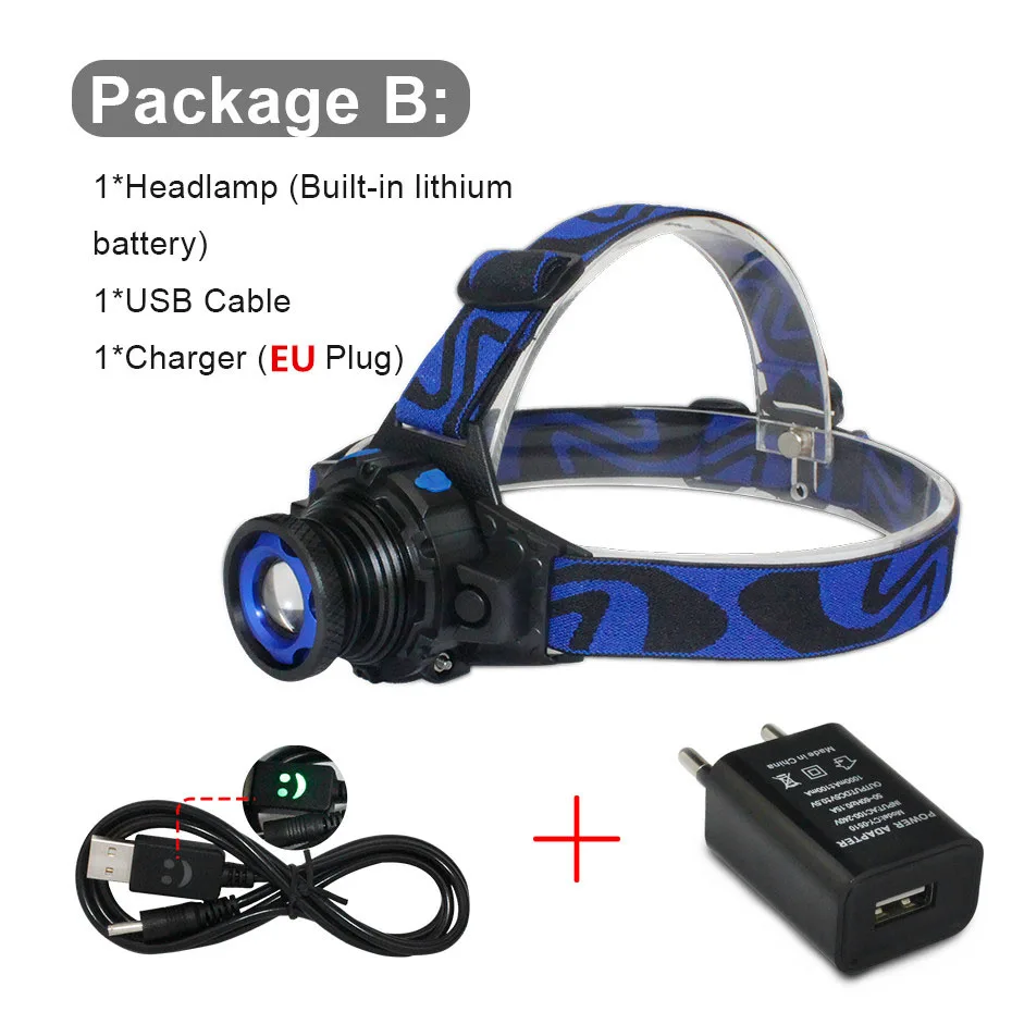 Headlamp EU charger Светодиодный налобный фонарь с зумом и зарядкой через USB, перезаряжаемый водонепроницаемый фонарь, налобный фонарь 500LM Q5, фонарь на лоб, 3 режима, встроенный аккумулятор - Испускаемый цвет: Headlamp EU charger