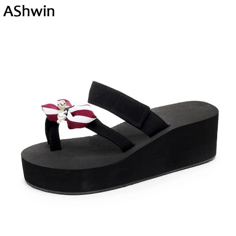 AShwin/женские летние босоножки женские стринги на танкетке с бантом модные