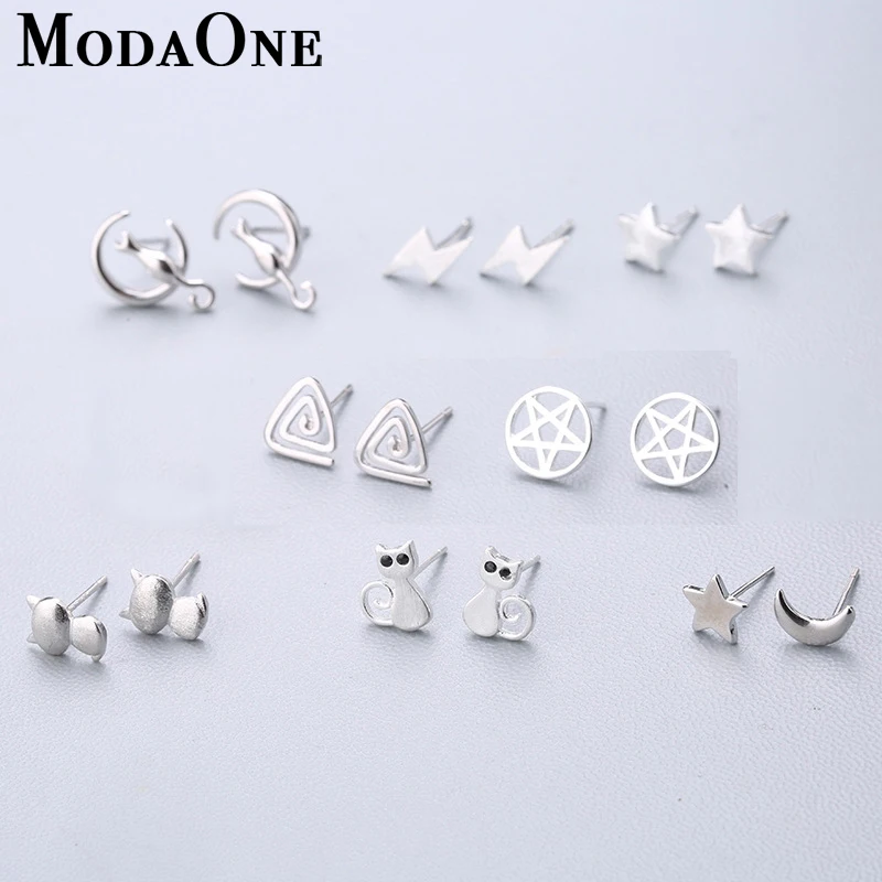 

ModaOne Real 925 Sterling Silver Jewelry For Women Star Moon Cat Earring Stud Small Stud Earring For Girls Dropshipping