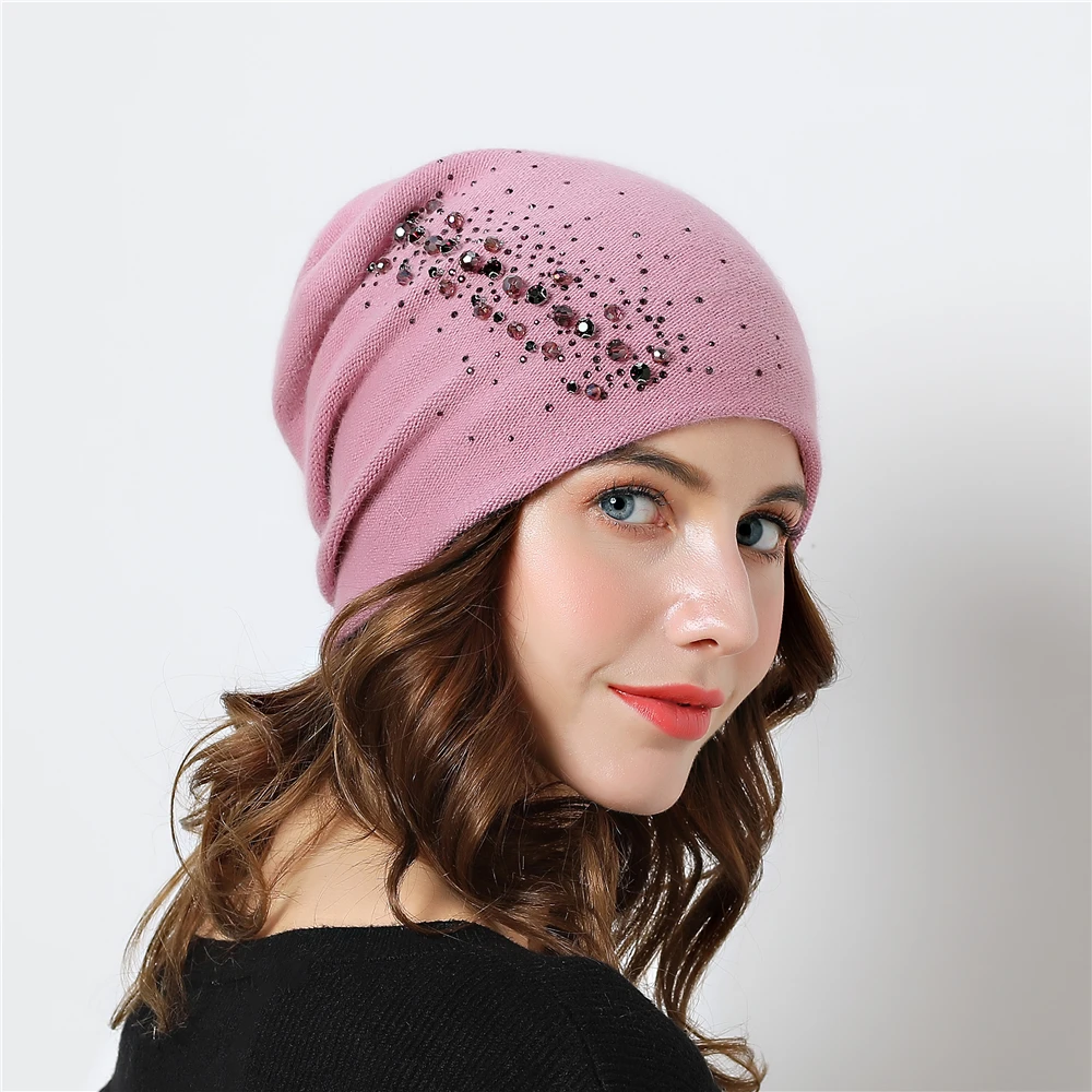 Зимние вязаные шапки для женщин Skullies Beanies с теплой подкладкой со стразами beanies шапка для женщин, хорошее качество шапки из ангорской шерсти