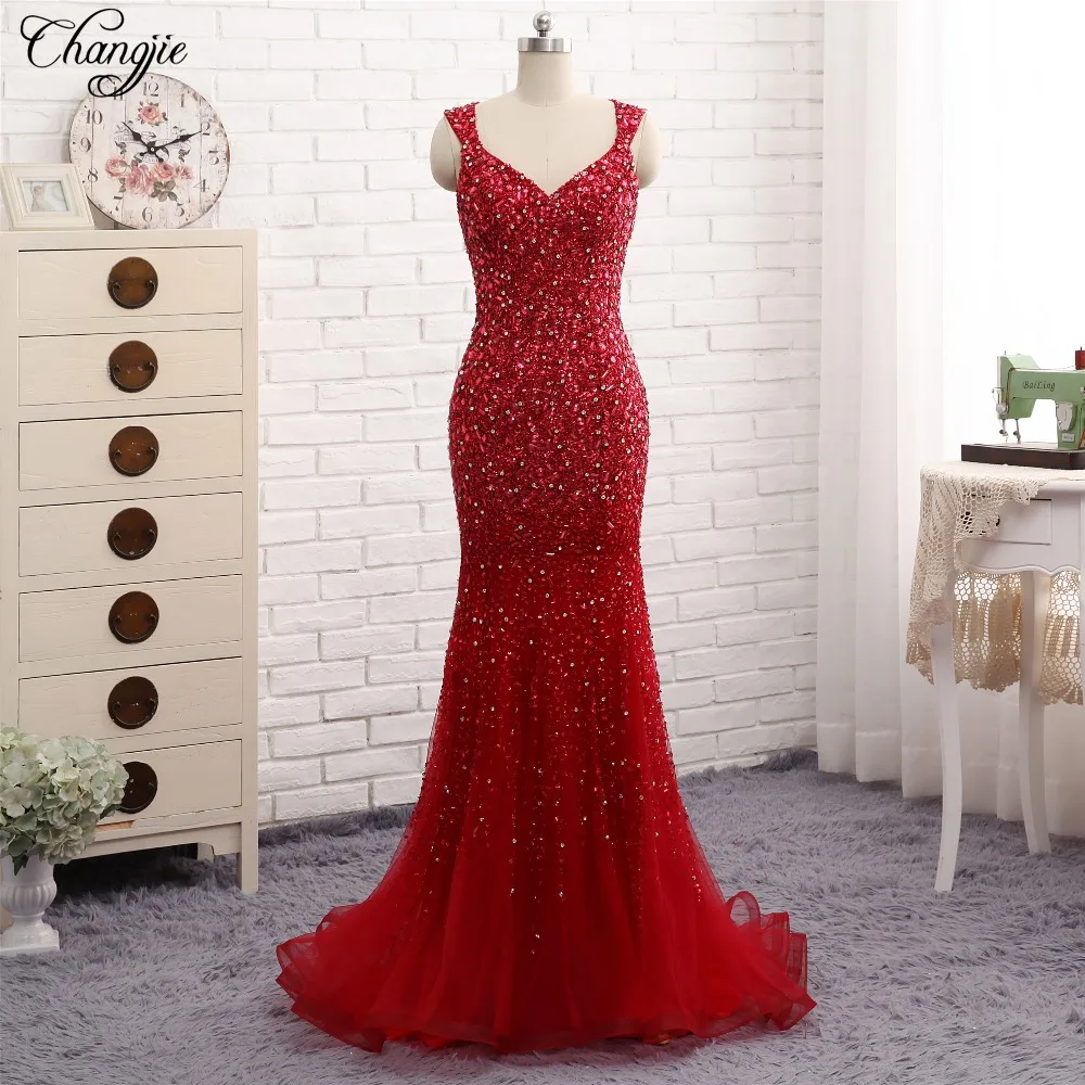 Vestido longo новые красные Выпускные платья 2018 с v образным вырезом и рукавами