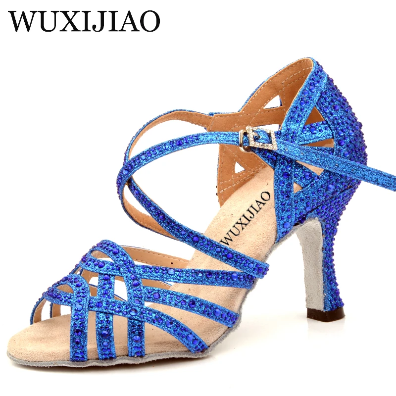 

WUXIJIAO Gold silver Rhinestone Latin Dance Shoes Women Salas Ballroom Shoes Pearl High Heel 9cm Waltz Software Shoes Hot Sale