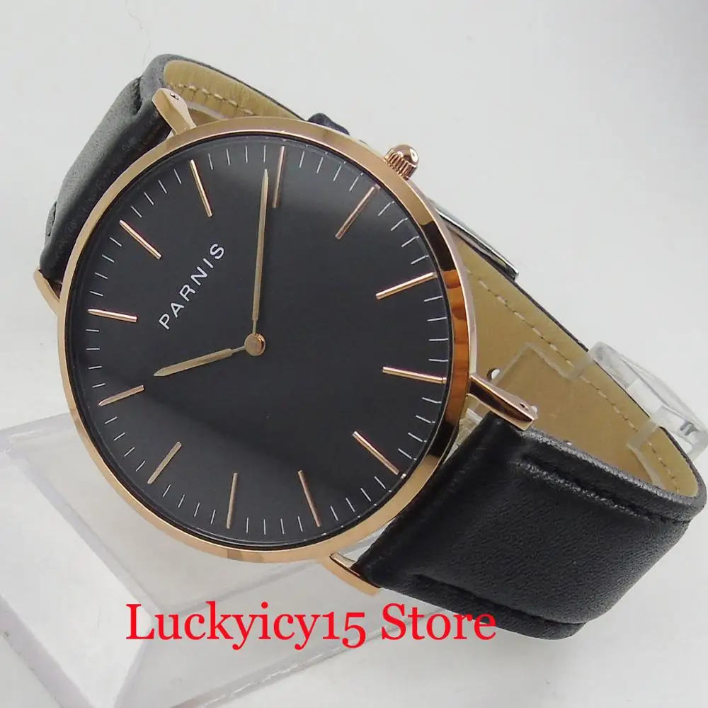 Luxury PARNIS Quartz Men's Watch 41mm With Golden Watch Case Sapphire Glass Golden Marks Leather Strap