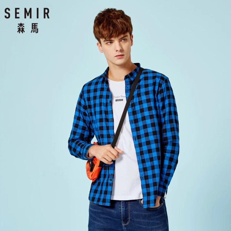 Мужская рубашка в клетку SEMIR из 100% хлопка с отложным воротником мужская длинными