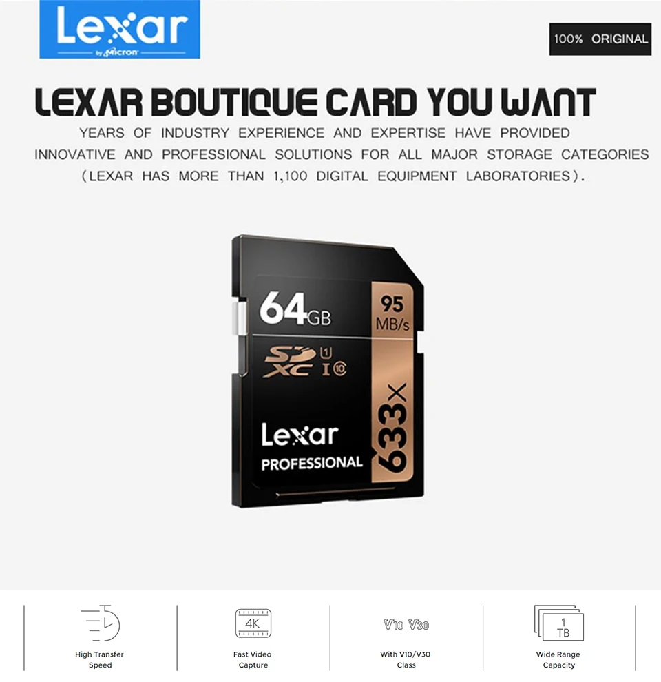 Lexar SD карты 633x16 ГБ, 32 ГБ, U1 SDHC 64 Гб 128 256 512 U3 SD карта памяти SDXC карты памяти класса 10 для цифровых фотоаппаратов с защитой от краж и hd-камерой