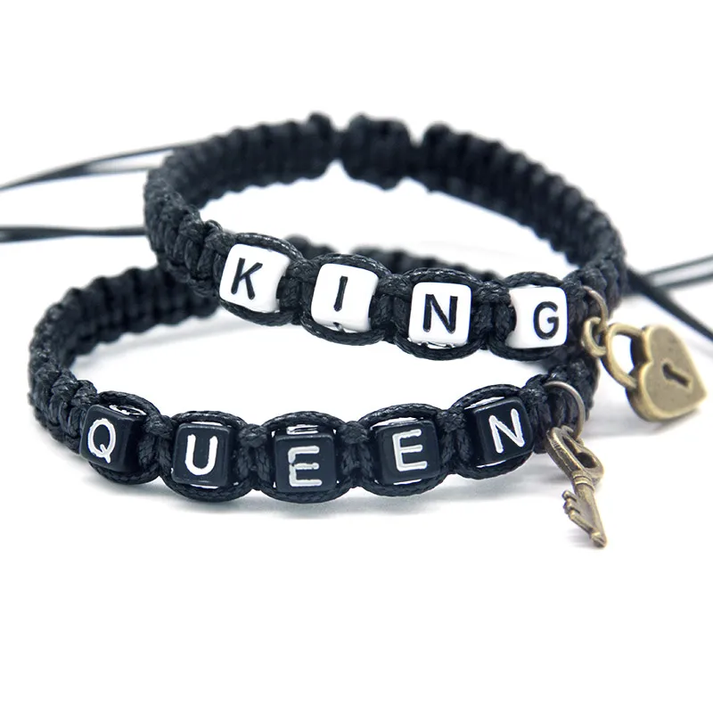 2 шт. пара браслетов Стильные черные браслеты King And Queen с замком для ключей цепочки