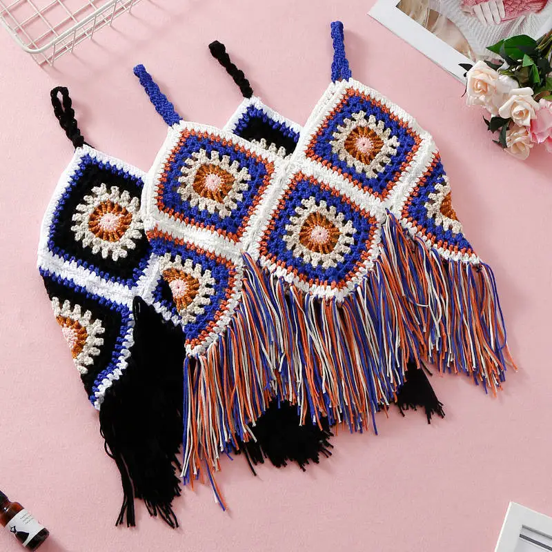 Boho укороченный Топ для женщин без косточек с кисточками пляжные топы крючком бандо бюстье на бретелях Холтер Богемия обрезанный Топ